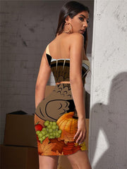 Thanksgiving Dresses Women Animal Vestido Sexy Maple Leaf Bodycon Dress