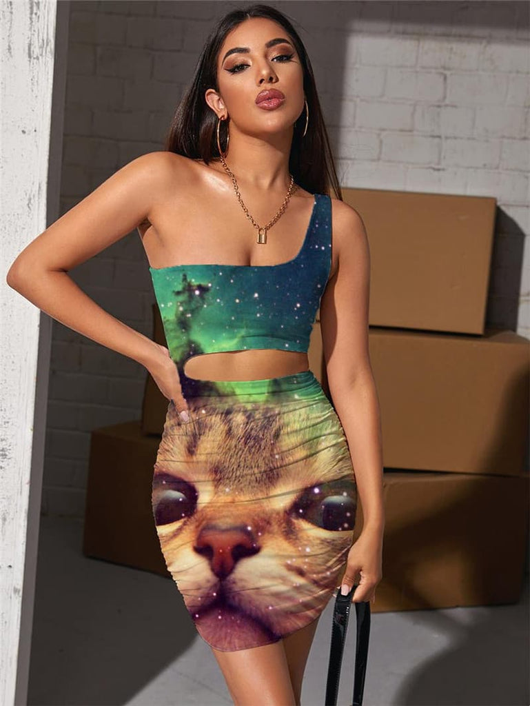 
Cat Dresses Women Animal Pleating Nebula 3d Print Galaxy Vestido Sexy Lovely Halter Sleeveless
                