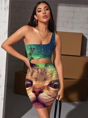 Cat Dresses Women Animal Pleating Nebula 3d Print Galaxy Vestido Sexy Lovely Halter Sleeveless