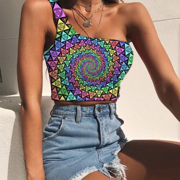 Geometric Vest Tops Women Psychedelic Sleeveless Shirt Vortex Tees Graphic Triangle Midriff T shirt - KYKU