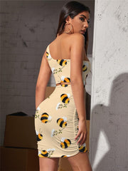 Bee Dresses Women Animal Pleating Flower 3d Print Lovely Halter Sleeveless