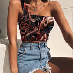 Skull Vest Tops Women Punk Midriff T shirt Devil Sleeveless Shirt Music One Shoulder Crop - KYKU