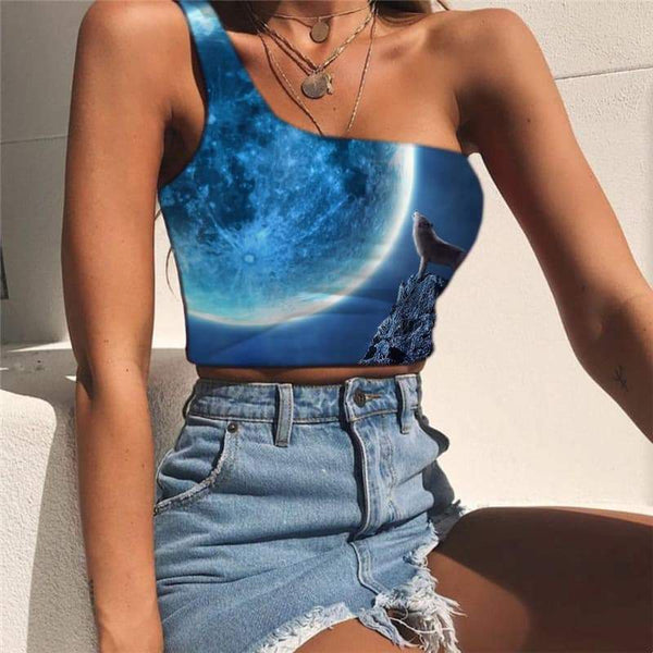 Wolf Tank Tops Women Animal One Shoulder Crop Anime Tees Graphic Cloud Sleeveless Shirt - KYKU