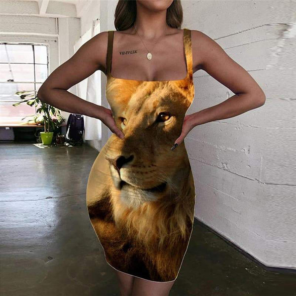 Lion Dress Women Animal 3d Print Anime Halter Sleeveless Harajuku Sundress Forest Ladies Dresses - KYKU