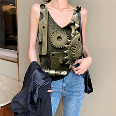 Metal Tank Top Women Engine Vest Printed Gear Vest Print Hip Hop Tank Tops Casual