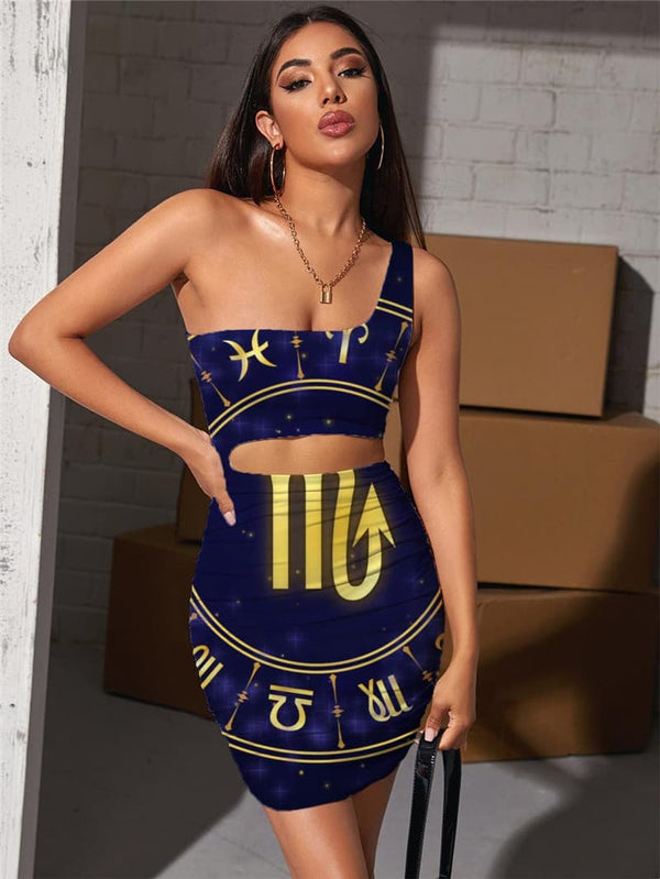 Scorpio Dresses Women Galaxy 3d Print Character Pleating Novel Halter Sleeveless