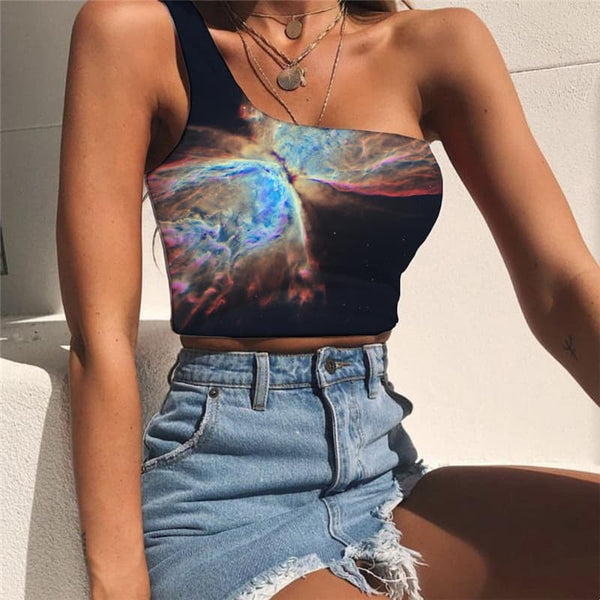 Galaxy Vest Tops Women Space Midriff T shirt Universe Sleeveless Shirt Nebula One Shoulder Crop