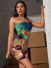 Cat Dresses Women Animal Pleating Nebula 3d Print Galaxy Vestido Sexy Lovely Halter Sleeveless