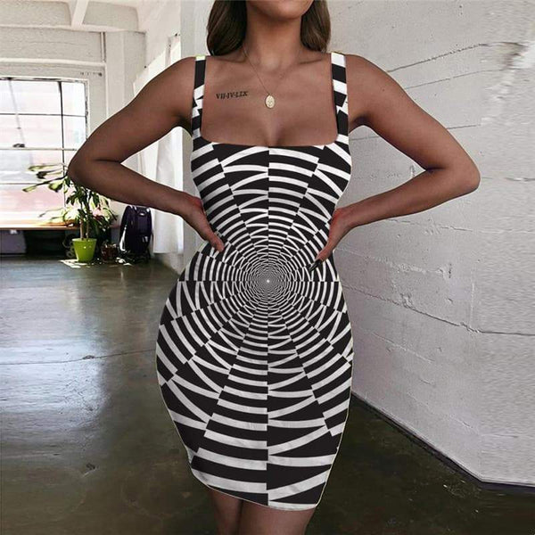 Geometric Dress Women Psychedelic Vestido Sexy Vortex Ladies Dresses Time Tunnel Sundress Black And White Halter Sleeveless - KYKU