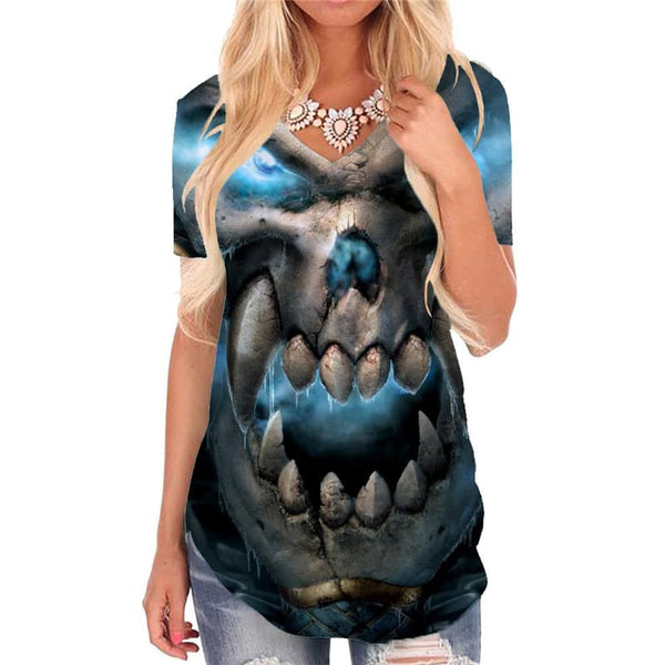 Skull T-shirt women Punk Tshirts Printed Beast V-neck Tshirt Blue T-shirts 3d Angle Shirt Print