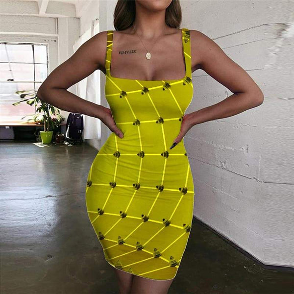 Geometric Dress Women Psychedelic Vestido Sexy Vortex Bodycon Dress Time Tunnel Halter Sleeveless Yellow Ladies Dresses - KYKU