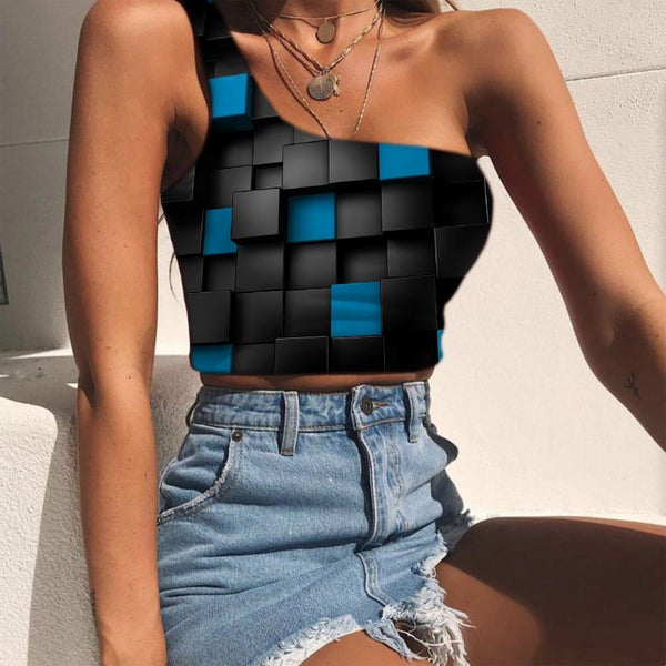 Geometric Tank Tops Women Psychedelic Sleeveless Shirt Vortex Midriff T shirt Black Tees Graphic Stereoscopic One Shoulder Crop - KYKU