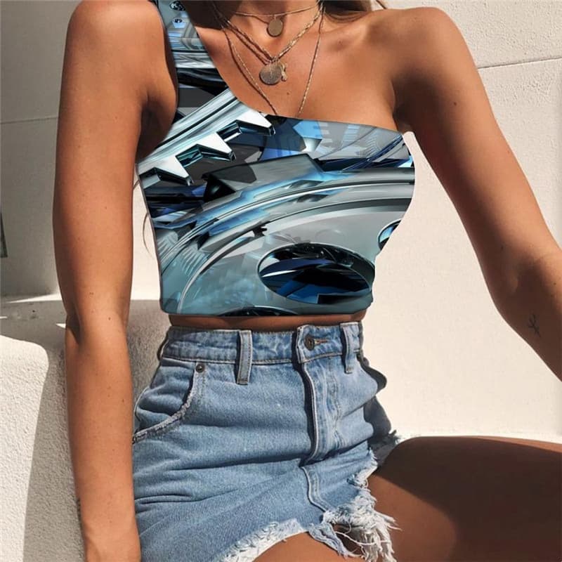 
Metal Tank Tops Women Engine Tees Graphic Gear Midriff T shirt Punk Rock One Shoulder Crop
                