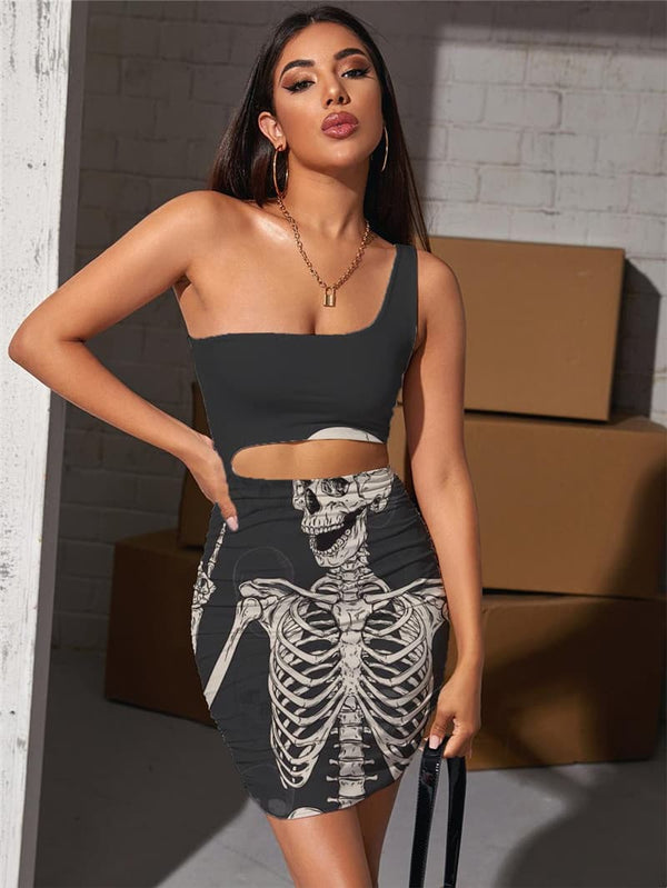 Skull Dress Women Skeleton Bodycon Dress Hip Hop Vestido Sexy Rock Pleating