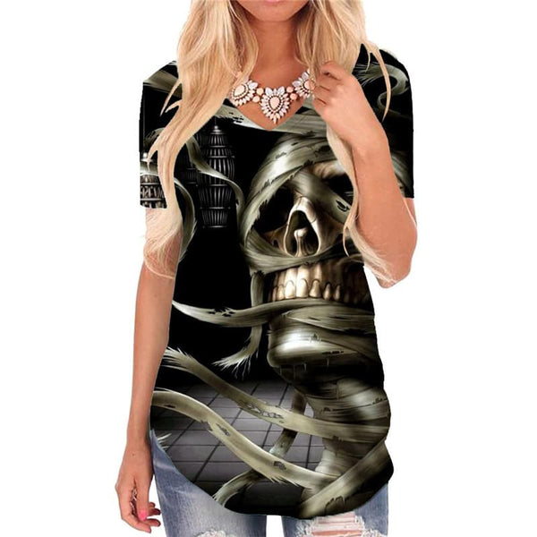Skull T-shirt women Punk Tshirts Printed Mummy Shirt Print Zombie V-neck Tshirt