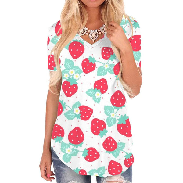 Strawberry T-shirt women Flower T-shirts 3d Lovely V-neck Tshirt Harajuku Tshirts Printed