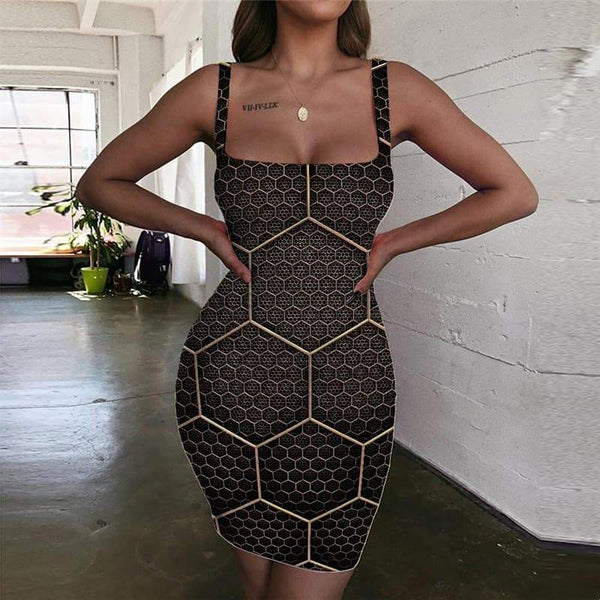 Geometric Dress Women Psychedelic Ladies Dresses Vortex Vestido Sexy Honeycomb Halter Sleeveless - KYKU