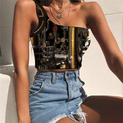 Metal Tank Tops Women Engine Midriff T shirt Gear One Shoulder Crop Motorcycle Tees Graphic