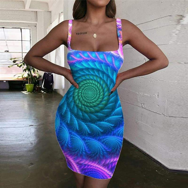 Geometric Dress Women Psychedelic Vestido Sexy Vortex Halter Sleeveless Color Bodycon Dress - KYKU
