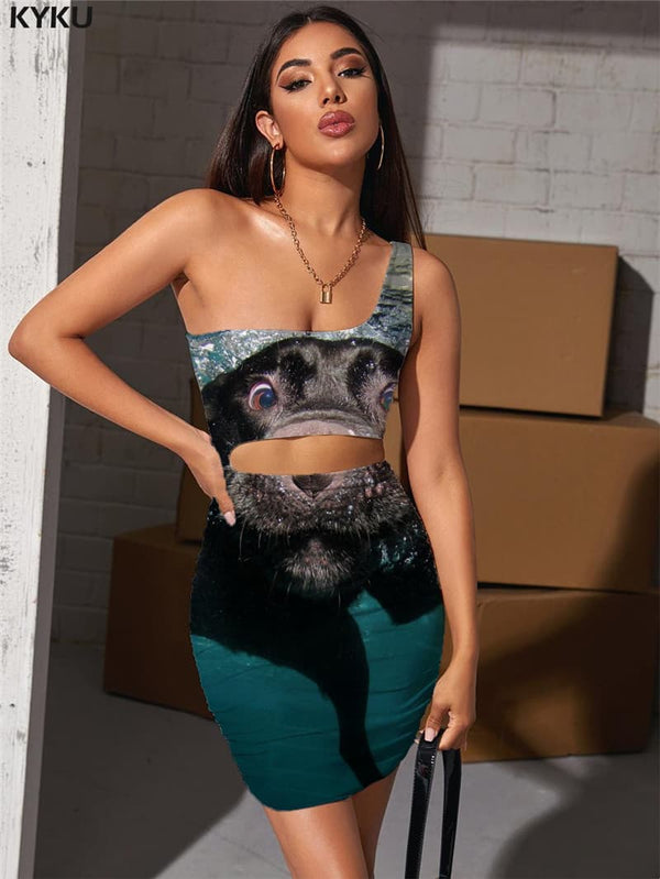 Dog Dress Women Ocean 3d Print Animal Halter Sleeveless Harajuku Hollow out Dresses