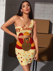 Thanksgiving Dresses Women Animal Hollow out Dresses Hip Hop Pleating Maple Leaf Vestido Sexy