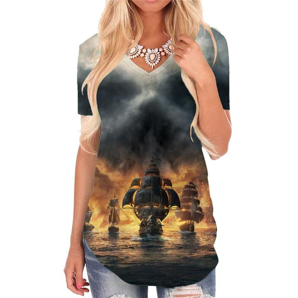 Skull T-shirt women Punk Tshirts Printed Cloud V-neck Tshirt Pirate T-shirts 3d Captain Shirt Print