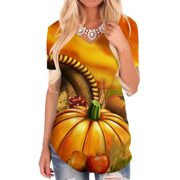 Pumpkin T Shirt Women Halloween Funny T shirts Food V-neck Tshirt Landscape T-shirts 3d