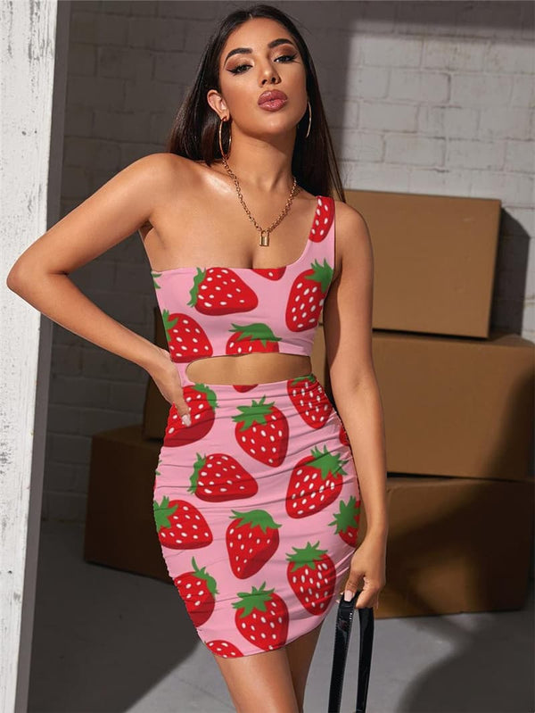 Strawberry Dresses Women Harajuku 3d Print Red Hollow out Dresses