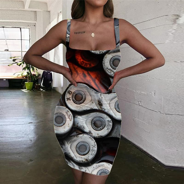 Metal Dress Women Engine Bodycon Dress Gear Halter Sleeveless Funny 3d Print Rock Vestido Sexy