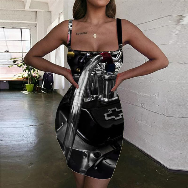 Metal Dresses Women Engine 3d Print Gear Vestido Sexy Motorcycle Halter Sleeveless