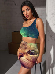 Cat Dresses Women Animal Pleating Nebula 3d Print Galaxy Vestido Sexy Lovely Halter Sleeveless