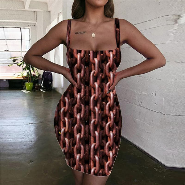 Iron Chain Dresses Women Brown Sundress Metal Ladies Dresses Punk Rock 3d Print