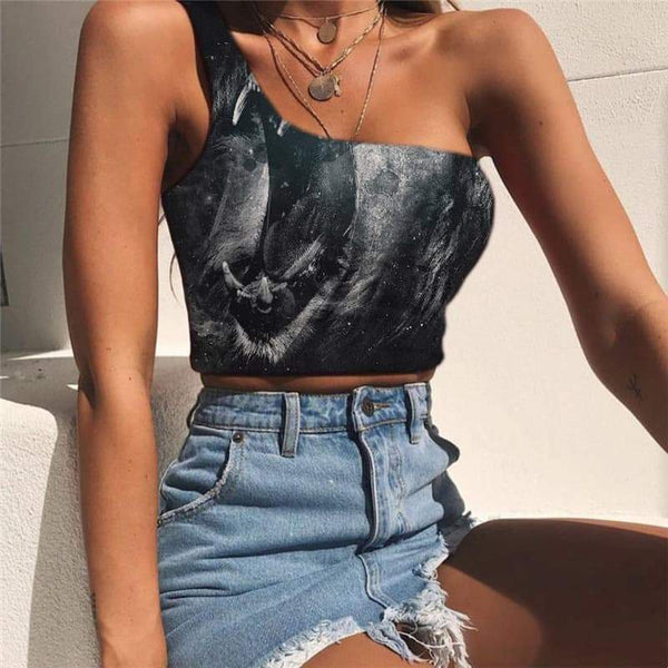 Lion Vest Tops Women Animal Midriff T shirt Anime Sleeveless Shirt Ferocious One Shoulder Crop Harajuku Tees Graphic - KYKU