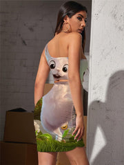 Animal Dresses Women Rabbit Halter Sleeveless Flower Vestido Sexy Lovely Bodycon Dress