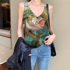 Fish Tank Top Women Fisherman Vest Print Metal Tank Tops Casual Animal Funny Top Ocean Sleeveless 3d