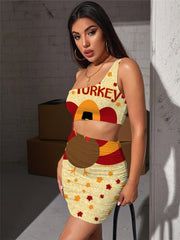 Thanksgiving Dresses Women Animal Hollow out Dresses Hip Hop Pleating Maple Leaf Vestido Sexy