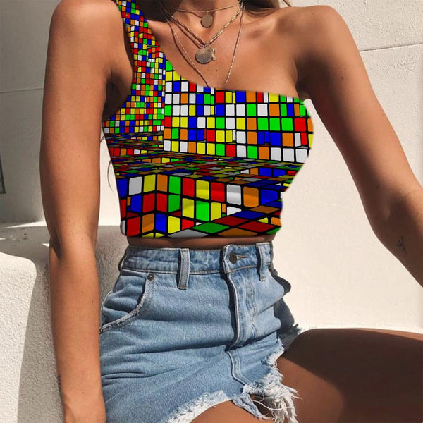 Geometric Vest Tops Women Psychedelic Tees Graphic Vortex One Shoulder Crop Color Stereo Midriff T shirt - KYKU