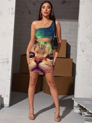 Cat Dresses Women Animal Pleating Nebula 3d Print Galaxy Vestido Sexy Lovely Halter Sleeveless
