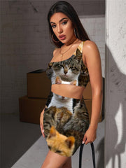 Cat Dress Women Animal Halter Sleeveless Home Pleating Lovely 3d Print Harajuku Bodycon Dress