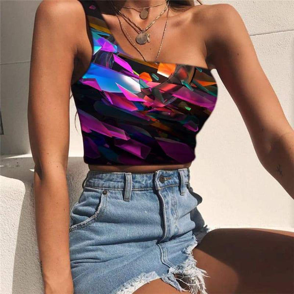Geometric Vest Tops Women Psychedelic Sleeveless Shirt Vortex Midriff T shirt Colorful One Shoulder Crop - KYKU