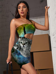 Cat Dress Women Animal Halter Sleeveless Nebula Pleating Galaxy Bodycon Dress