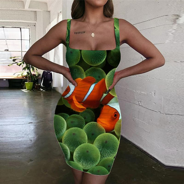 Fish Dresses Women Animal Vestido Sexy Harajuku Sundress Green Ladies Dresses