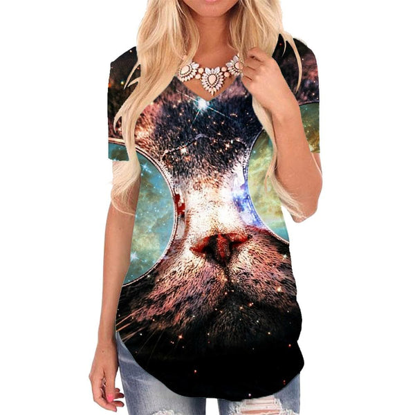 Cat T-shirt women Animal Tshirts Printed Galaxy T-shirts 3d Nebula Funny T shirts Hip Hop V-neck Tshirt