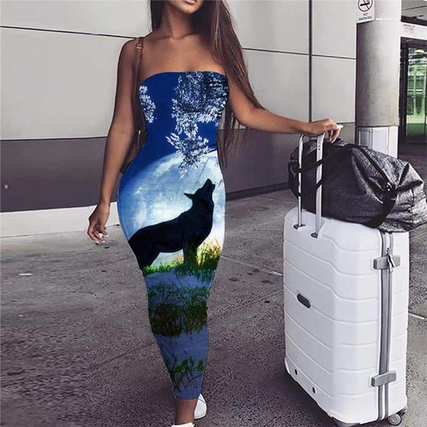 Wolf Dress Women Animal Boho Anime 3d Print Moon Party Flower Vestido Sexy - KYKU