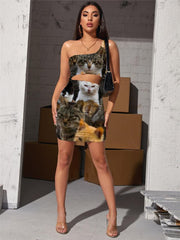 Cat Dress Women Animal Halter Sleeveless Home Pleating Lovely 3d Print Harajuku Bodycon Dress