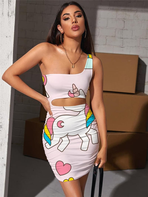 Unicorn Dresses Women Animal Hollow out Dresses Rainbow Pleating Moon Bodycon Dress Love Vestido Sexy