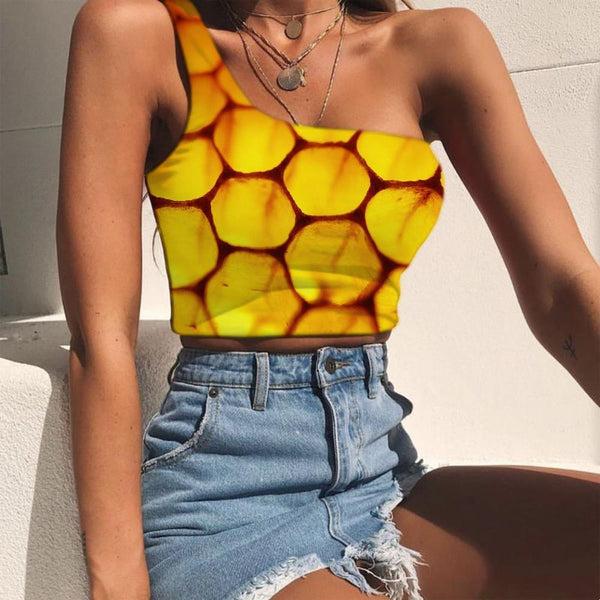 Geometric Vest Tops Women Psychedelic Sleeveless Shirt Vortex One Shoulder Crop Honeycomb Tees Graphic Honey Midriff T shirt - KYKU