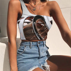 Metal Vest Tops Women Engine Sleeveless Shirt Gear Midriff T shirt Art Tees Graphic