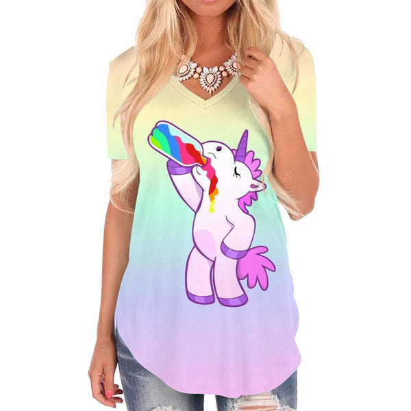 Unicorn T-shirt women Animal T-shirts 3d Rainbow Shirt Print Gradient V-neck Tshirt