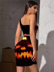 Halloween Dress Women Pumpkin Vestido Sexy Funny Halter Sleeveless Party Pleating